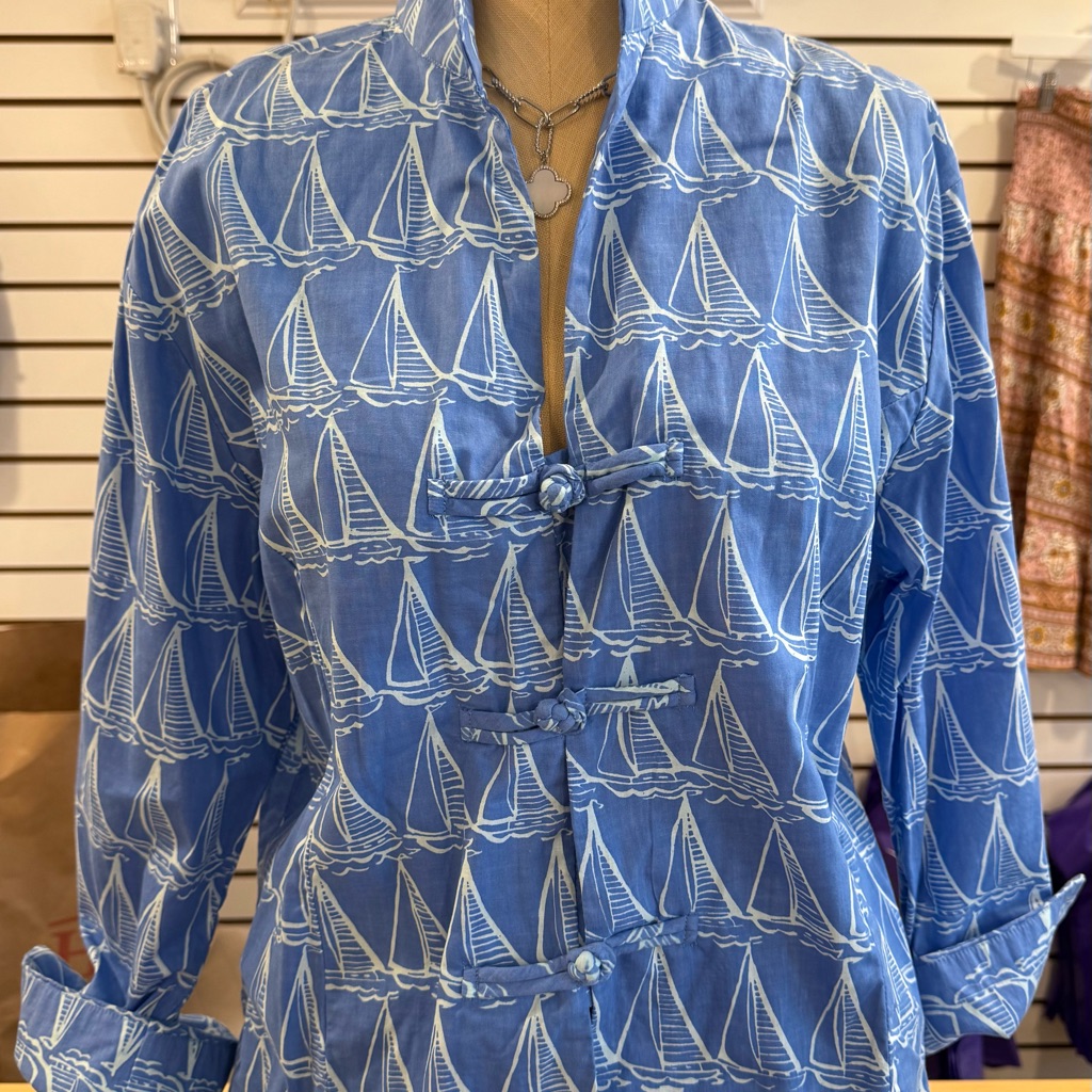 Blue Sailboat Print Blouse Three Island Brand